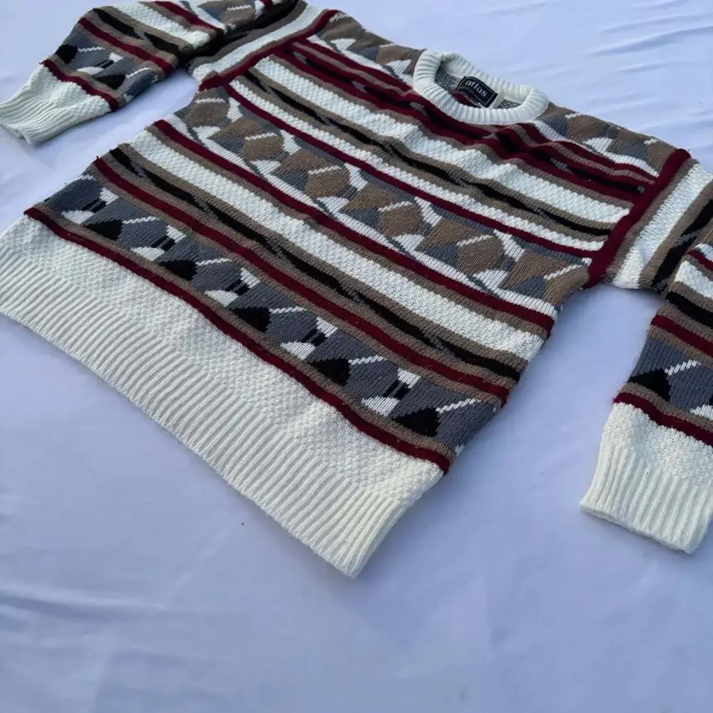 Vintage Atlas Made In USA Geometric Pattern Crewneck Knit Sweater Size Large